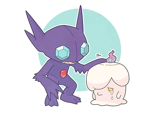 closed_mouth commentary_request crying fire flame headpat jaho litwick looking_down no_humans outline pokemon pokemon_(creature) ruby_(gemstone) sableye sharp_teeth standing tears teeth yellow_eyes