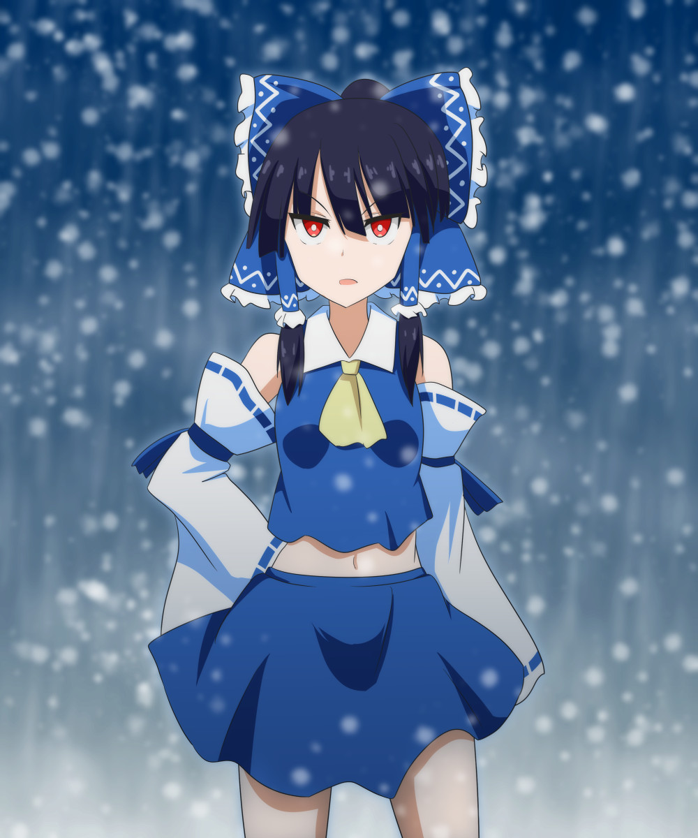 1girl alternate_color ascot bangs bare_shoulders black_hair blue_bow blue_skirt bow breasts cato_(monocatienus) commentary_request cowboy_shot detached_sleeves frilled_bow frills hair_between_eyes hair_bow hair_tubes hakurei_reimu hand_on_hip highres looking_at_viewer medium_hair midriff_peek navel open_mouth player_2 red_eyes ribbon-trimmed_sleeves ribbon_trim skirt small_breasts snow snowing solo touhou v-shaped_eyebrows yellow_ascot