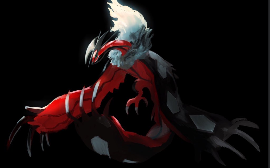 black_background commentary_request horns looking_down no_humans pecohophop pokemon pokemon_(creature) simple_background solo spikes talons white_fur yveltal