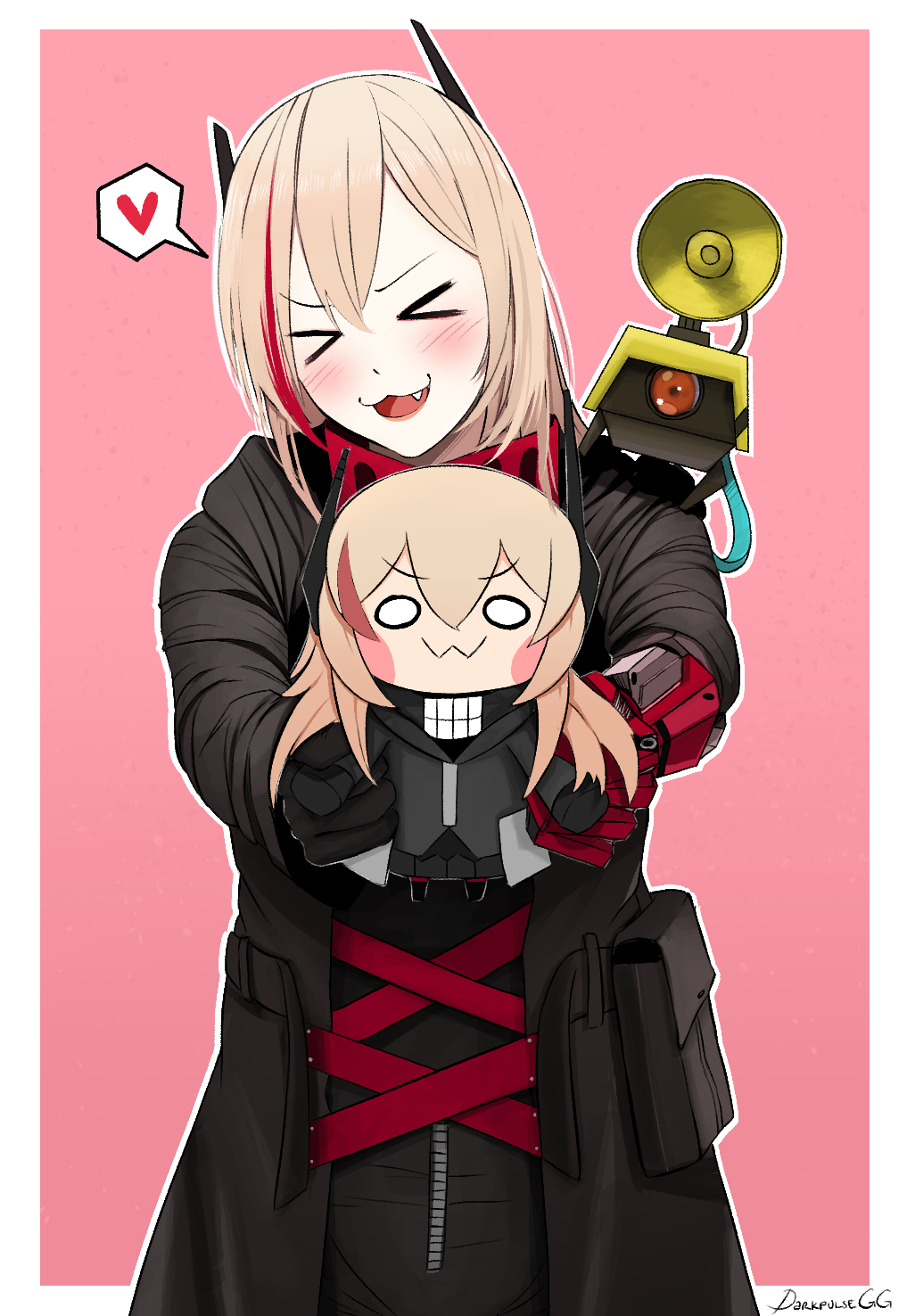 1girl banana_(girls'_frontline) black_coat blonde_hair closed_eyes coat commission darkpulsegg girls_frontline headgear heart highres long_sleeves m4_sopmod_ii_(girls'_frontline) m4_sopmod_ii_jr mechanical_arms megaphone multicolored_hair redhead single_mechanical_arm speech_bubble spoken_heart streaked_hair