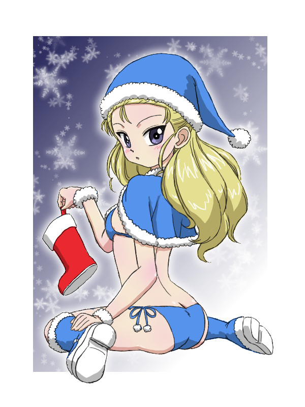 1girl ass assam_(girls_und_panzer) back bikini blonde_hair blue_bikini blue_capelet blue_eyes blue_footwear blue_headwear blue_santa_costume blush boots breasts capelet christmas commentary from_behind fur-trimmed_capelet fur_cuffs fur_trim girls_und_panzer girls_und_panzer_senshadou_daisakusen! hair_pulled_back hat holding holding_clothes holding_footwear long_hair looking_at_viewer looking_back parted_lips red_footwear santa_bikini santa_boots santa_costume santa_hat side-tie_bikini sitting small_breasts snowflake_background solo swimsuit takahashi_kurage texus wariza