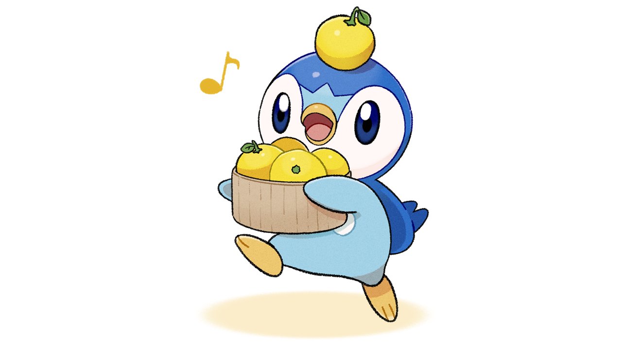 blue_eyes bowl commentary_request food_request holding holding_bowl leaf leg_up musical_note no_humans official_art open_mouth piplup pokemon pokemon_(creature) project_pochama solo toes tongue white_background