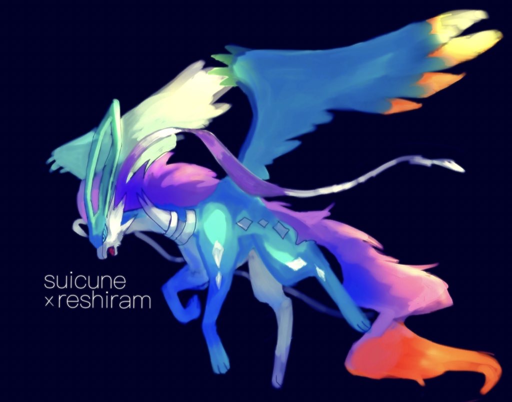 black_background blue_eyes character_name commentary_request full_body fusion no_humans open_mouth pecohophop pokemon pokemon_(creature) reshiram simple_background solo suicune toes tongue wings