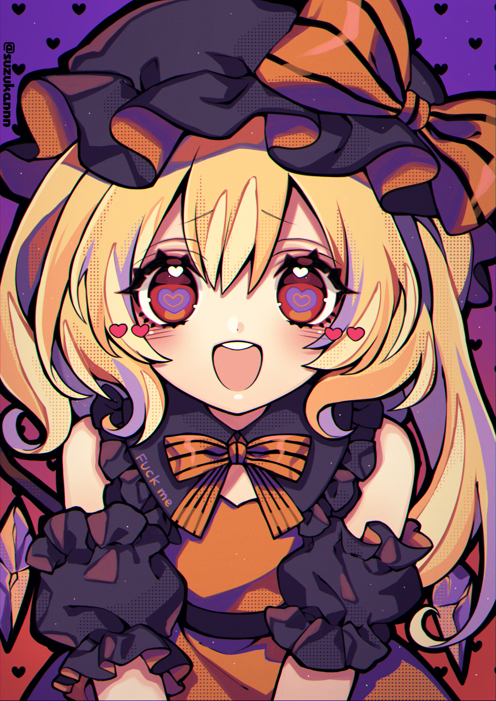 1girl alternate_color alternate_costume artist_name bangs belt black_belt black_headwear blonde_hair blush bow crystal dress english_text eyebrows_visible_through_hair flandre_scarlet frilled_dress frills gradient gradient_background halloween halloween_costume hat heart heart-shaped_pupils highres kyouda_suzuka looking_at_viewer mixed-language_commentary mob_cap off_shoulder open_mouth orange_bow orange_dress profanity puffy_short_sleeves puffy_sleeves red_eyes short_sleeves side_ponytail solo standing striped striped_bow symbol-shaped_pupils teeth touhou twitter_username upper_body upper_teeth when_you_see_it wings