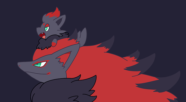 black_background bright_pupils closed_mouth commentary_request evolutionary_line fang green_eyes jaho on_head open_mouth pokemon pokemon_(creature) pokemon_on_head simple_background smile tongue white_pupils zoroark zorua