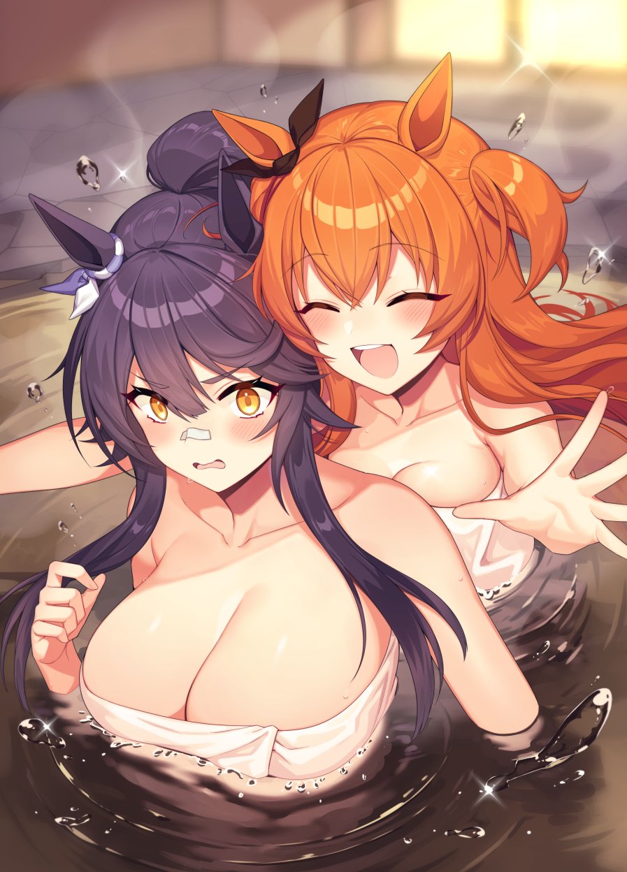 2girls :d ^_^ animal_ears black_hair black_ribbon blush breasts closed_eyes collarbone commentary_request ear_ribbon eyebrows_visible_through_hair hair_between_eyes highres horse_ears horse_girl kinsenka_momi large_breasts long_hair looking_at_viewer mayano_top_gun_(umamusume) multiple_girls naked_towel narita_brian_(umamusume) open_mouth orange_hair partially_submerged purple_ribbon ribbon small_breasts smile teeth towel two_side_up umamusume upper_body upper_teeth water wavy_mouth wet yellow_eyes