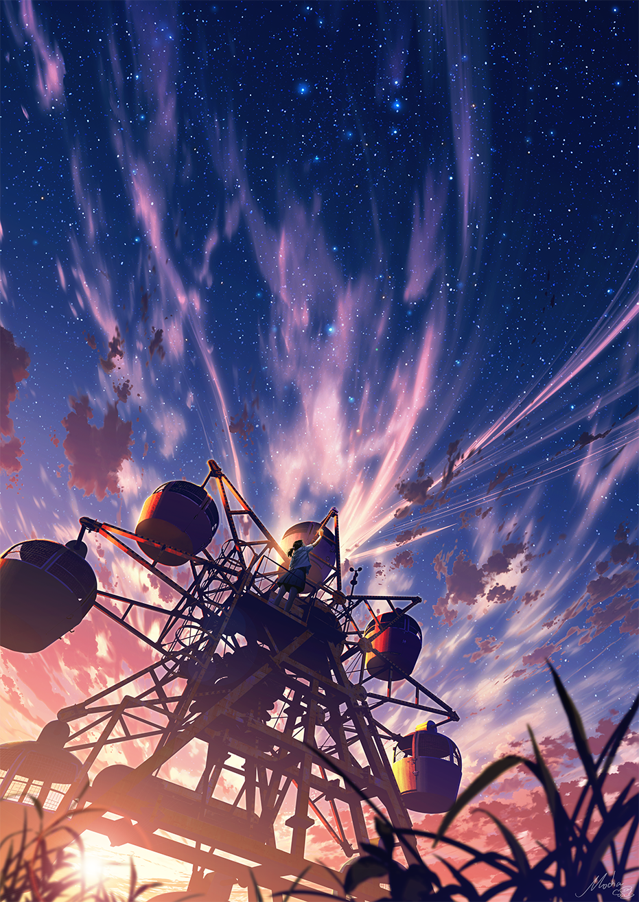 1girl black_hair black_skirt cellphone clouds coat commentary_request contrail evening ferris_wheel grass highres holding holding_phone landscape mocha_(cotton) night night_sky original pantyhose phone pleated_skirt ponytail railing ruins scenery selfie skirt sky smartphone standing star_(sky) starry_sky sunset white_coat