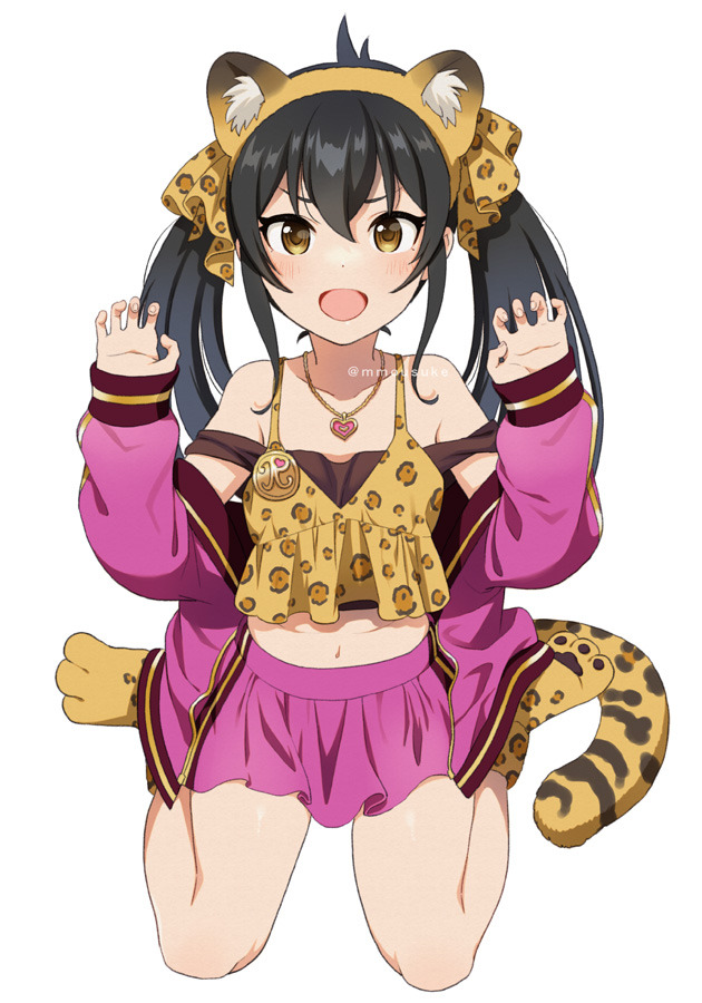 1girl :d animal_ear_fluff animal_ears animal_print bangs bare_shoulders black_hair black_tank_top brown_camisole brown_eyes brown_hairband camisole claw_pose collarbone fake_animal_ears full_body hair_between_eyes hair_ribbon hairband hands_up heart_pendant idolmaster idolmaster_cinderella_girls jacket leopard_ears leopard_print leopard_tail long_hair long_sleeves matoba_risa mattaku_mousuke navel off_shoulder open_clothes open_jacket paw_shoes pink_jacket pink_skirt pleated_skirt print_camisole ribbon simple_background sitting skirt sleeves_past_wrists smile solo tail tank_top twintails twitter_username v-shaped_eyebrows wariza white_background
