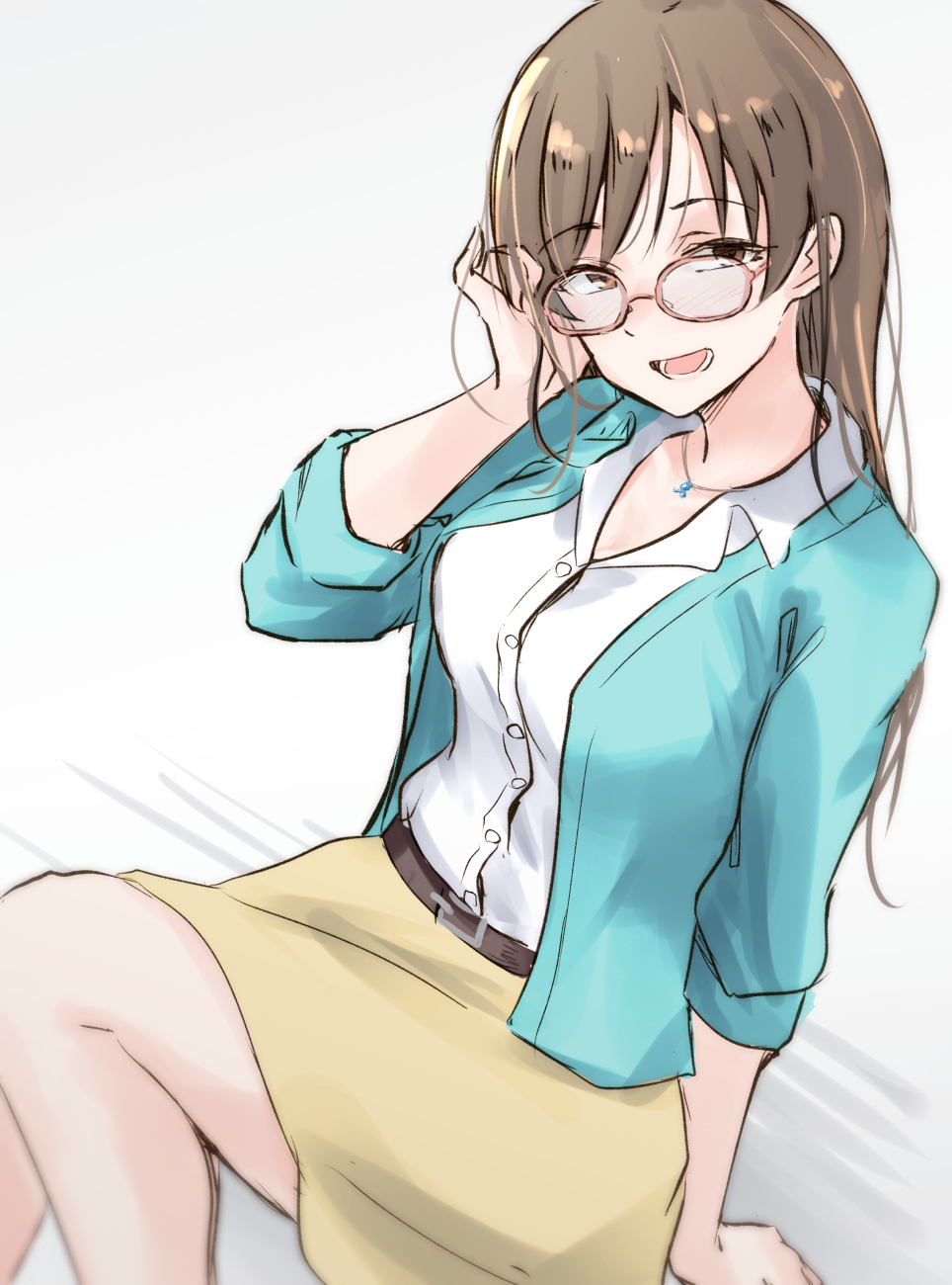 1girl :d arm_support bespectacled breasts brown_hair eyebrows_visible_through_hair glasses green_jacket highres idolmaster idolmaster_cinderella_girls jacket jewelry looking_at_viewer medium_breasts necklace nitta_minami pinky_out shirt simple_background sitting skirt smile solo straight_hair unu_(unucence) white_background white_shirt yellow_skirt