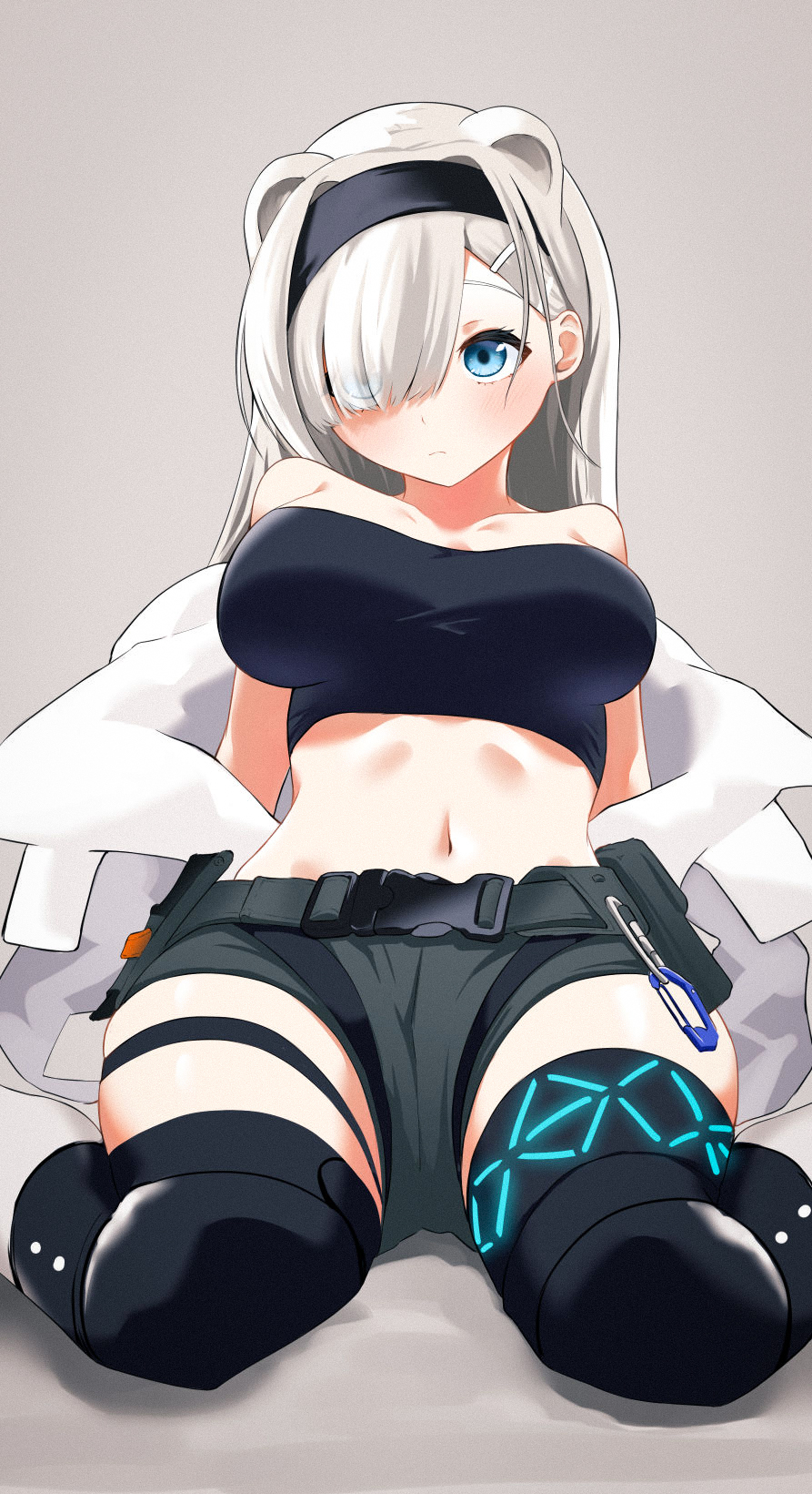 1girl animal_ears arknights arm_support aurora_(arknights) bare_shoulders bear_ears belt black_hairband black_shorts blue_eyes blush breasts closed_mouth coat collarbone ert_raitsui eyebrows_behind_hair eyes_visible_through_hair hair_ornament hair_over_one_eye hairband hairclip highres infection_monitor_(arknights) knee_pads large_breasts leaning_back long_hair looking_at_viewer navel off_shoulder open_clothes open_coat short_shorts shorts silver_hair sitting solo stomach strapless tube_top wariza white_coat