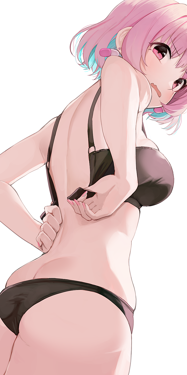 1girl arched_back arms_behind_back ass bangs black_bra black_panties blue_hair bra breasts butt_crack commentary earrings eyebrows_visible_through_hair fang foreshortening from_behind from_side highres hiroki_(yyqw7151) idolmaster idolmaster_cinderella_girls jewelry looking_at_viewer looking_back medium_breasts multicolored_hair nail_polish open_mouth panties pill_earrings pink_eyes pink_hair pink_nails simple_background skin_fang skindentation solo two-tone_hair underwear underwear_only undone_bra white_background yumemi_riamu