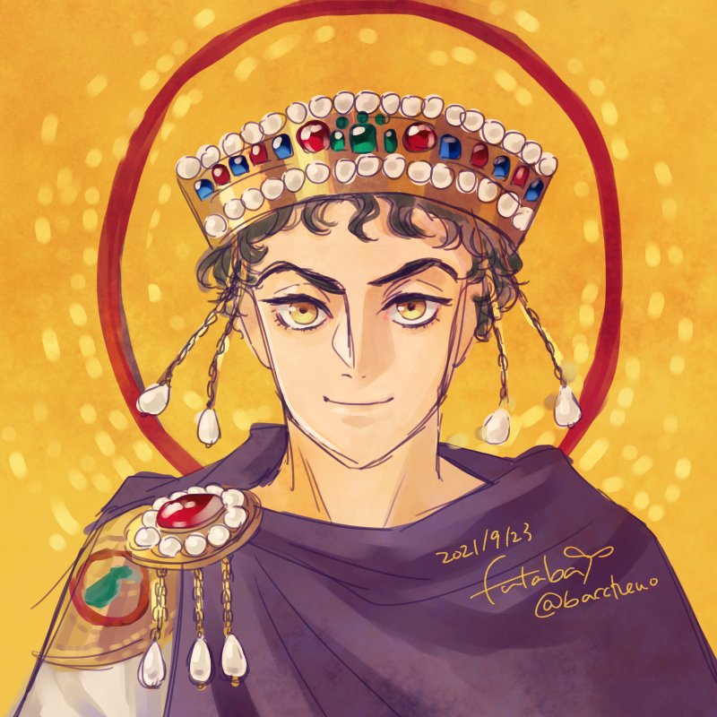 1boy armor byzantine_empire commentary_request crown curly_hair dated derivative_work jewelry justinian_the_great looking_at_viewer male_focus purple_robe real_life robe satou_futaba_(loose_leaf) shoulder_armor signature smile twitter_username upper_body yellow_background yellow_eyes