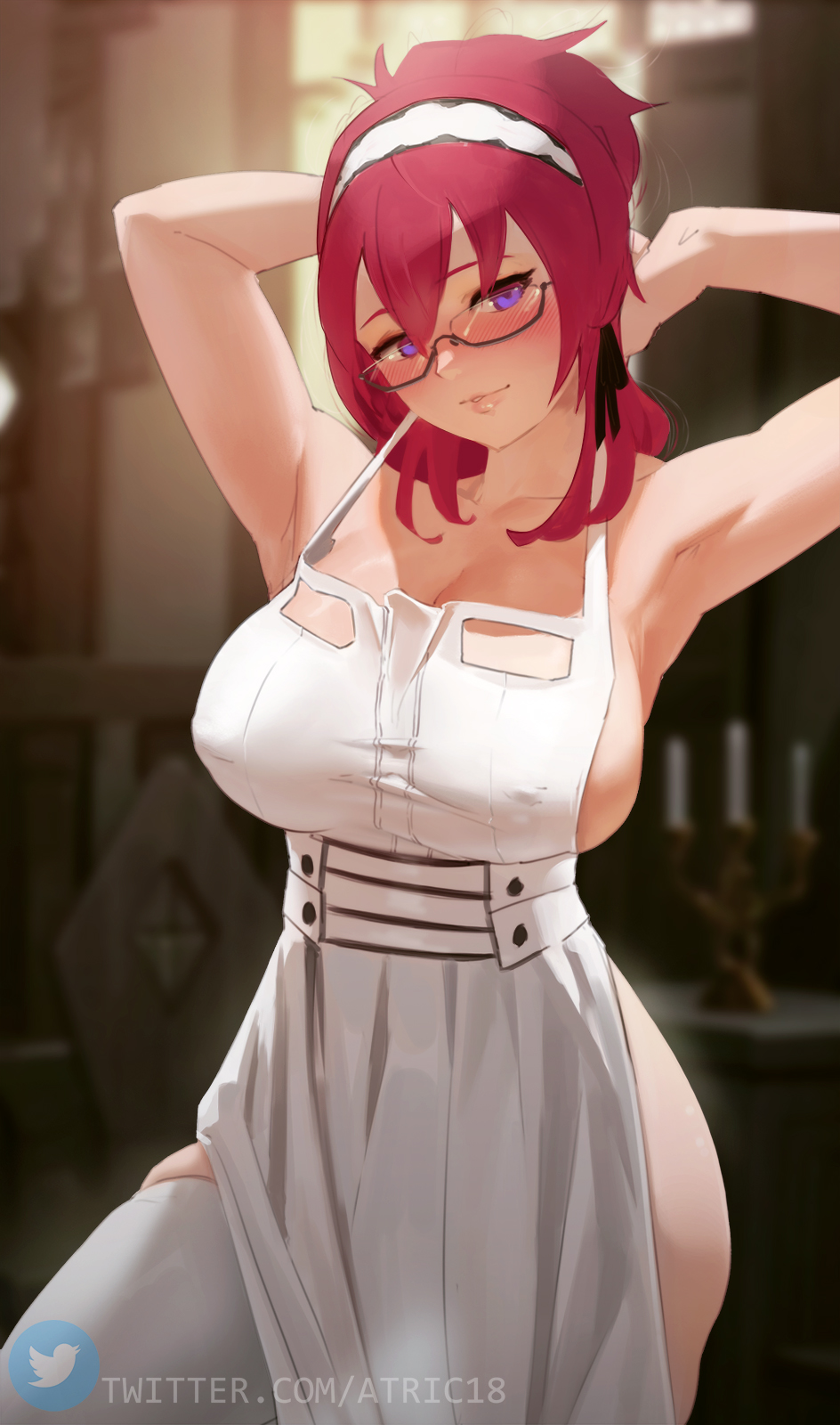 1girl apron armpits arms_behind_head arms_up artist_name atric18 black-framed_eyewear blurry blurry_background blush breasts closed_mouth commentary depth_of_field english_commentary glasses hair_between_eyes hairband highres indoors large_breasts lillia_greyrat long_hair looking_at_viewer maid mushoku_tensei naked_apron no_bra no_eyewear no_panties no_underwear red_eyebrows red_hair redhead semi-rimless_eyewear sideboob solo standing thighhighs twitter_logo twitter_username under-rim_eyewear violet_eyes web_address white_apron white_hairband white_legwear white_thighhighs