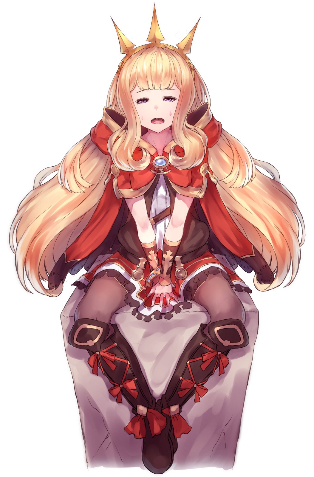 1girl black_footwear black_legwear blonde_hair boots cagliostro_(granblue_fantasy) cape dress full_body granblue_fantasy highres long_hair looking_at_viewer open_mouth red_skirt simple_background skirt solo white_background yu_mochi_(kamiinu)