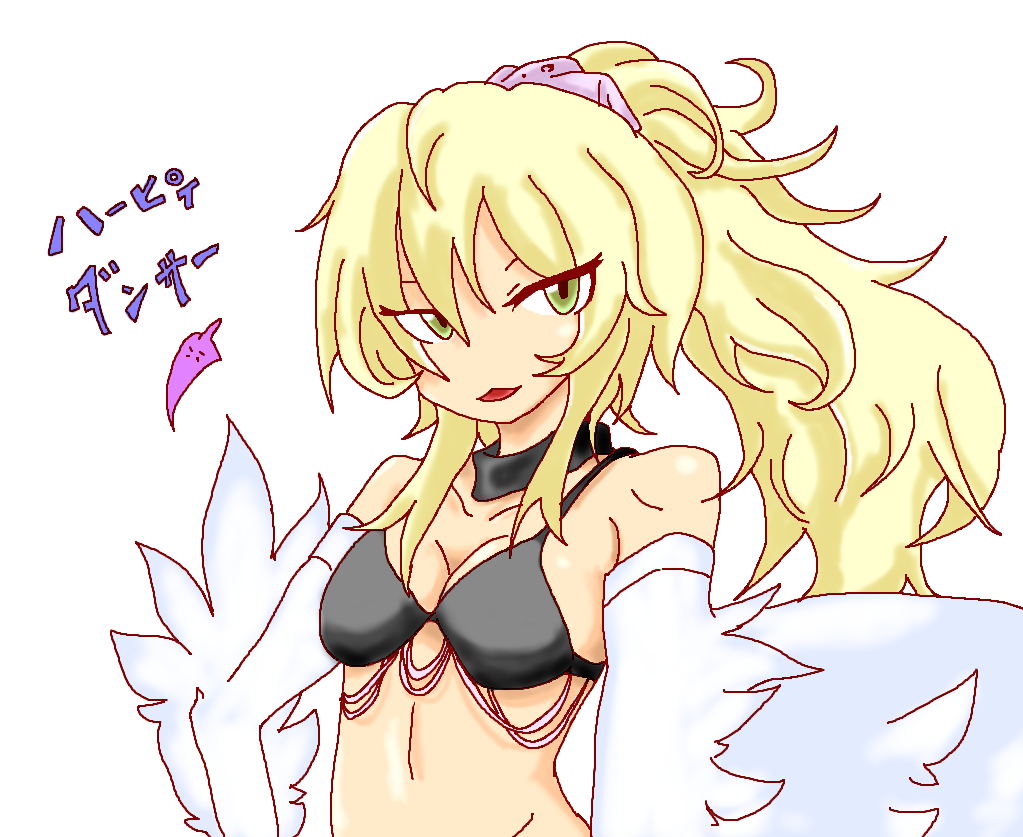 1girl :o armpits bikini black_bikini black_bra black_legwear black_panties blonde_hair blush bra breasts choker claws cleavage commentary_request cowboy_shot dancer duel_monster green_eyes hair_ribbon harpie_dancer harpy jewelry koko_(pixiv1138221) large_breasts long_hair looking_at_viewer monster_girl navel panties ponytail ribbon sideboob solo swimsuit thigh-highs under_boob underwear very_long_hair white_wings wings yu-gi-oh! yuu-gi-ou