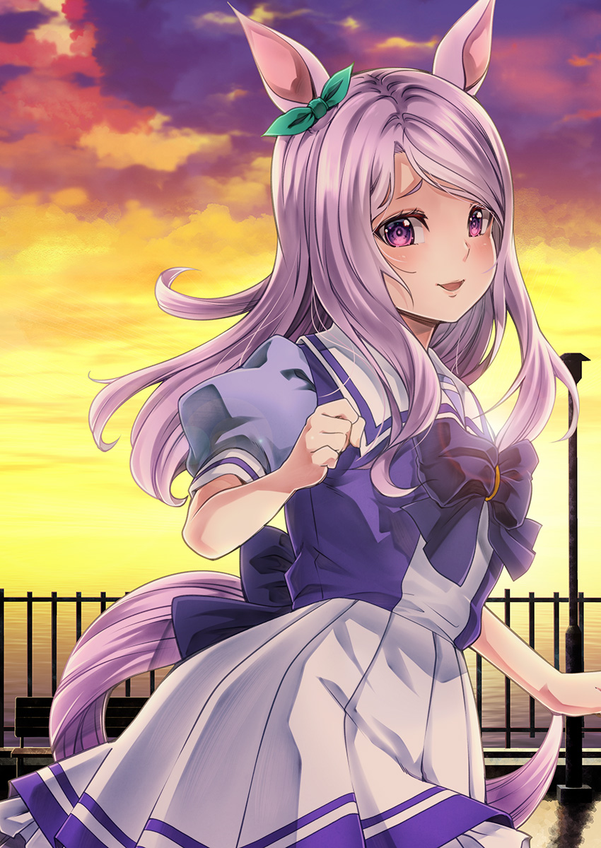 1girl animal_ears bench bow clenched_hand commentary_request fence hair_bow highres horse_ears horse_girl horse_tail kouji_(campus_life) lamppost long_hair looking_at_viewer mejiro_mcqueen_(umamusume) open_mouth park_bench pink_hair pleated_skirt puffy_short_sleeves puffy_sleeves school_uniform short_sleeves skirt smile solo sunset tail tracen_school_uniform umamusume upper_body violet_eyes