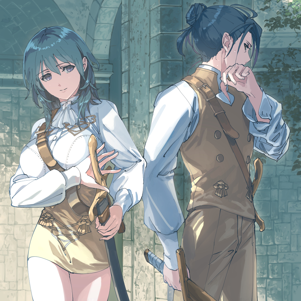 1boy 1girl arm_at_side arm_garter between_breasts blue_eyes breasts brown_pants buckle buttons byleth_(fire_emblem) byleth_eisner_(female) closed_mouth commentary_request cowboy_shot day ears eyebrows_visible_through_hair felix_hugo_fraldarius fire_emblem fire_emblem:_three_houses garreg_mach_monastery_uniform hair_between_eyes hair_bun hair_over_shoulder hand_on_own_face harusame_(rueken) high_collar holding holding_sword holding_weapon large_breasts light_smile long_sleeves looking_at_another looking_to_the_side medium_hair orange_eyes outdoors pants plant sheath sheathed shiny shiny_hair shirt short_hair shoulder_belt sidelocks sideways_glance standing stone_wall strap_between_breasts sweat sword tied_hair uniform wall weapon white_shirt wiping_sweat wooden_sword