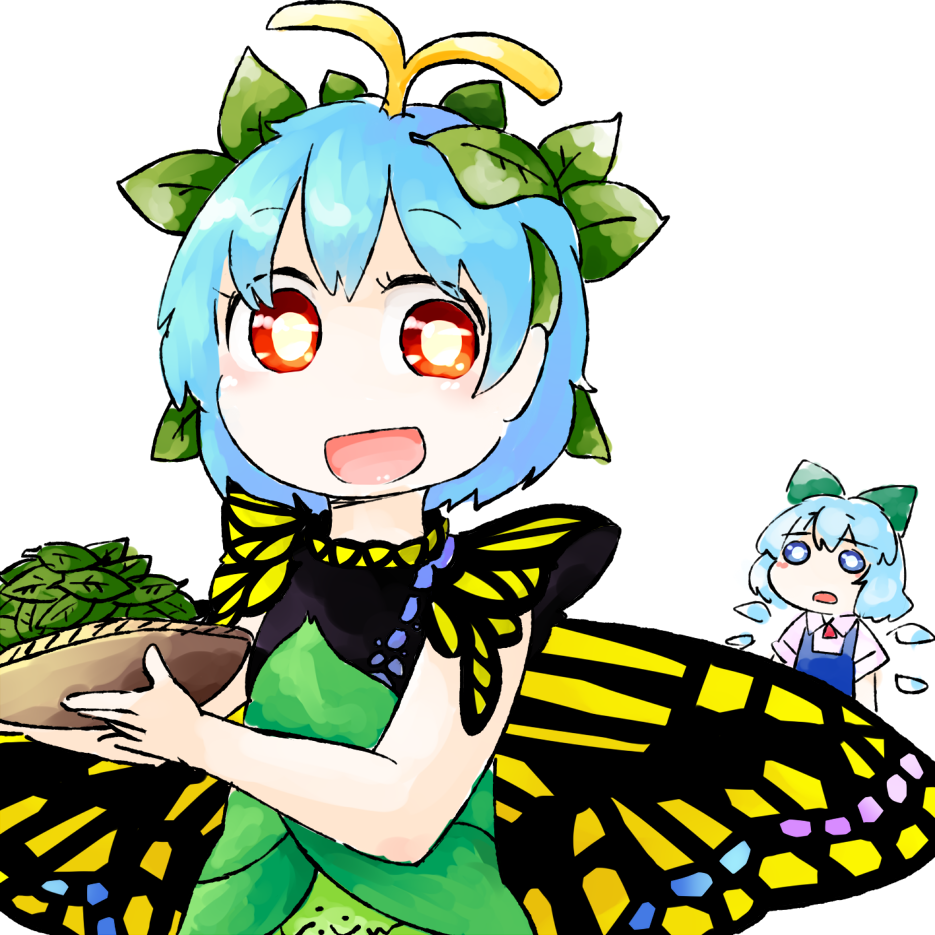 2girls antennae aqua_hair blue_bow blue_dress blue_eyes blue_hair blush bow butterfly_wings cirno collared_shirt commentary_request dress eternity_larva eyebrows_visible_through_hair fairy green_dress hair_between_eyes hair_bow holding ice ice_wings leaf leaf_on_head multicolored_clothes multicolored_dress multiple_girls open_mouth orange_eyes shirt short_hair short_sleeves simple_background single_strap smile touhou white_background white_shirt wings yaise