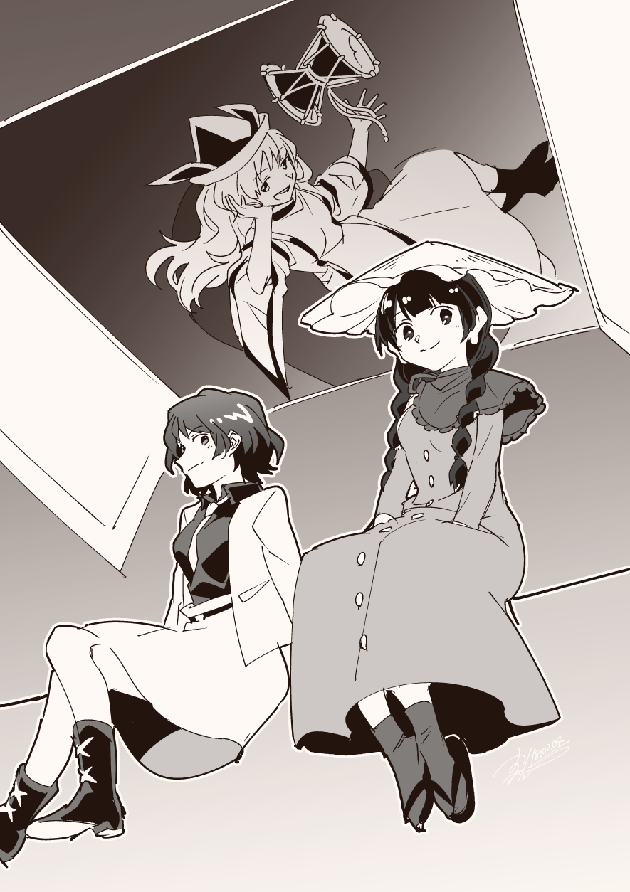 3girls bangs belt boots braid breasts buttons cape capelet chair closed_mouth collar collared_shirt crossed_legs detached_sleeves door dress drum eyebrows_visible_through_hair gradient gradient_background grey_background greyscale hair_between_eyes hands_up hat highres horikawa_raiko instrument jacket long_hair long_sleeves looking_at_viewer looking_to_the_side matara_okina medium_breasts monochrome multiple_girls necktie open_clothes open_door open_jacket open_mouth shadow shikido_(khf) shirt short_hair sitting skirt smile tabard teeth tongue touhou tsuzumi twin_braids wavy_hair wide_sleeves yatadera_narumi