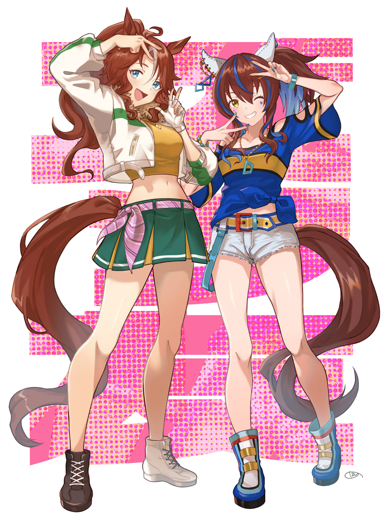 2girls :d ahoge animal_ears ankle_boots arm_cutout arm_up asymmetrical_footwear bangs bare_shoulders black_footwear blue_eyes blue_footwear blue_hair blue_shirt blush boots bow bracelet breasts brown_hair collarbone colored_inner_hair commentary_request crop_top cropped_jacket cropped_shirt daitaku_helios_(umamusume) double_v ear_bow ear_covers ear_ornament ear_piercing eyebrows_behind_hair facial_mark fingerless_gloves full_body gloves green_skirt grin hair_between_eyes hair_ornament hairclip hands_up horse_ears horse_girl horse_tail hoshino_(masssssh) jacket jewelry large_breasts long_hair looking_at_viewer mejiro_palmer_(umamusume) midriff mismatched_footwear multicolored_hair multicolored_nails multiple_girls navel necklace off-shoulder_shirt off_shoulder one_eye_closed open_mouth piercing ponytail shirt shoes short_shorts short_sleeves shorts sidelocks signature single_fingerless_glove skirt small_breasts smile sneakers standing streaked_hair t-shirt tail teeth tied_shirt two-tone_hair umamusume v white_footwear white_gloves white_hair white_jacket white_shorts wristband yellow_belt yellow_eyes yellow_shirt