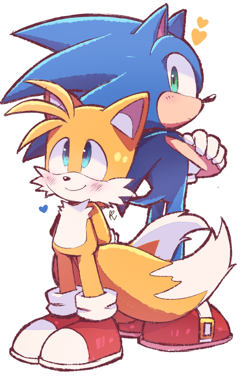 2boys animal_nose arms_behind_back blue_eyes blush closed_mouth fox_boy furry furry_male gloves green_eyes heart highres looking_back male_focus misuta710 multiple_boys multiple_tails smile sonic_(series) sonic_the_hedgehog standing tail tails_(sonic) two_tails white_gloves