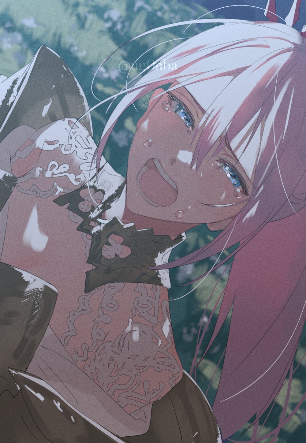 1girl armor bangs blue_eyes braid close-up crying crying_with_eyes_open face hair_between_eyes highres long_hair looking_at_viewer open_mouth pink_hair ponytail shionne_(tales) shoulder_armor sidelocks solo tales_of_(series) tales_of_arise tears tiara ugonba_(howatoro) upper_body very_long_hair
