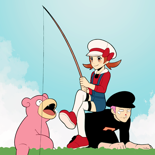 1boy 1girl blue_overalls blush bow brown_eyes brown_hair cabbie_hat closed_mouth clouds commentary_request crossed_legs day fishing fishing_rod grass hat hat_bow holding holding_fishing_rod jaho long_hair lyra_(pokemon) outdoors overalls pokemon pokemon_(creature) pokemon_(game) pokemon_hgss red_bow red_footwear red_shirt shirt shoes sitting sitting_on_person sky slowpoke smile team_galactic team_galactic_uniform team_rocket_grunt thigh-highs twintails white_headwear white_legwear