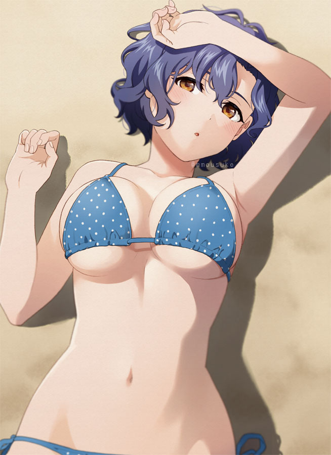 1girl arm_up bangs bikini blue_bikini blue_hair blush breasts hand_up idolmaster idolmaster_million_live! large_breasts looking_at_viewer lying mattaku_mousuke navel on_back on_ground outdoors parted_lips polka_dot polka_dot_bikini shadow short_hair side-tie_bikini solo stomach swimsuit toyokawa_fuuka wavy_hair