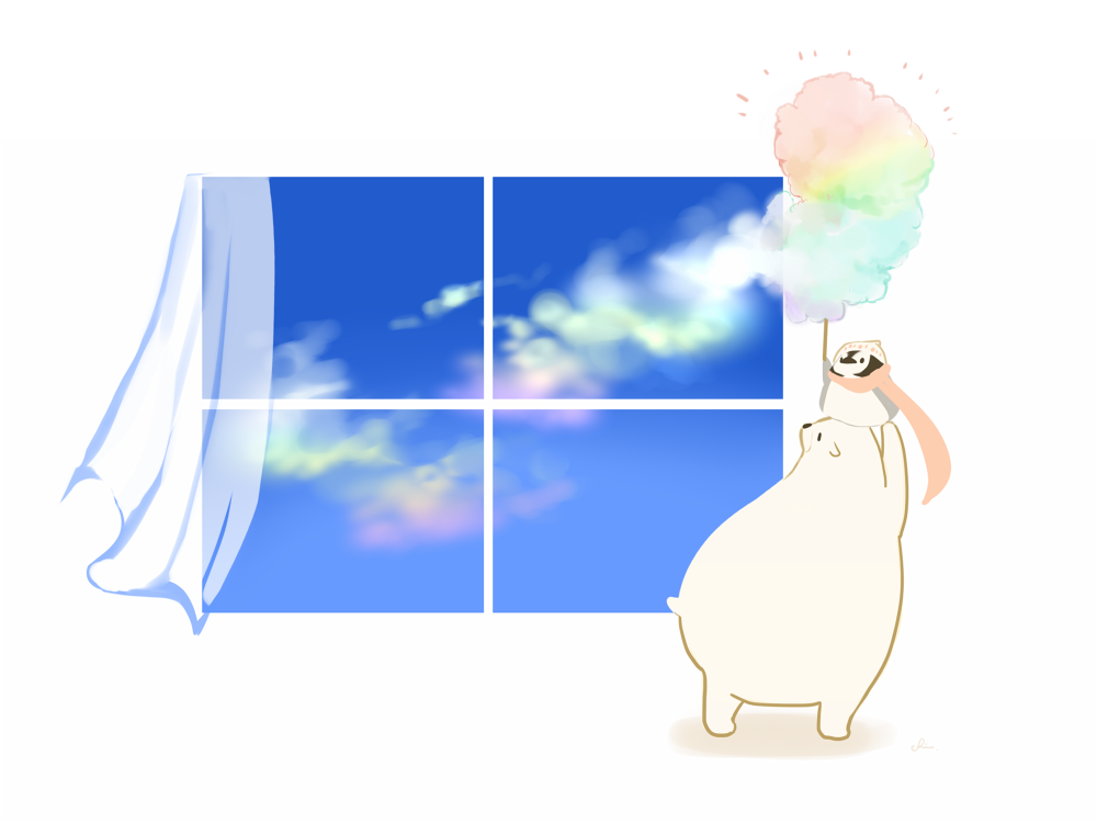 animal_focus bear bird chai chibi clouds commentary cotton_candy curtains food hat holding holding_food long_scarf no_humans original penguin pink_scarf polar_bear rainbow rainbow_gradient scarf simple_background sky standing white_background window