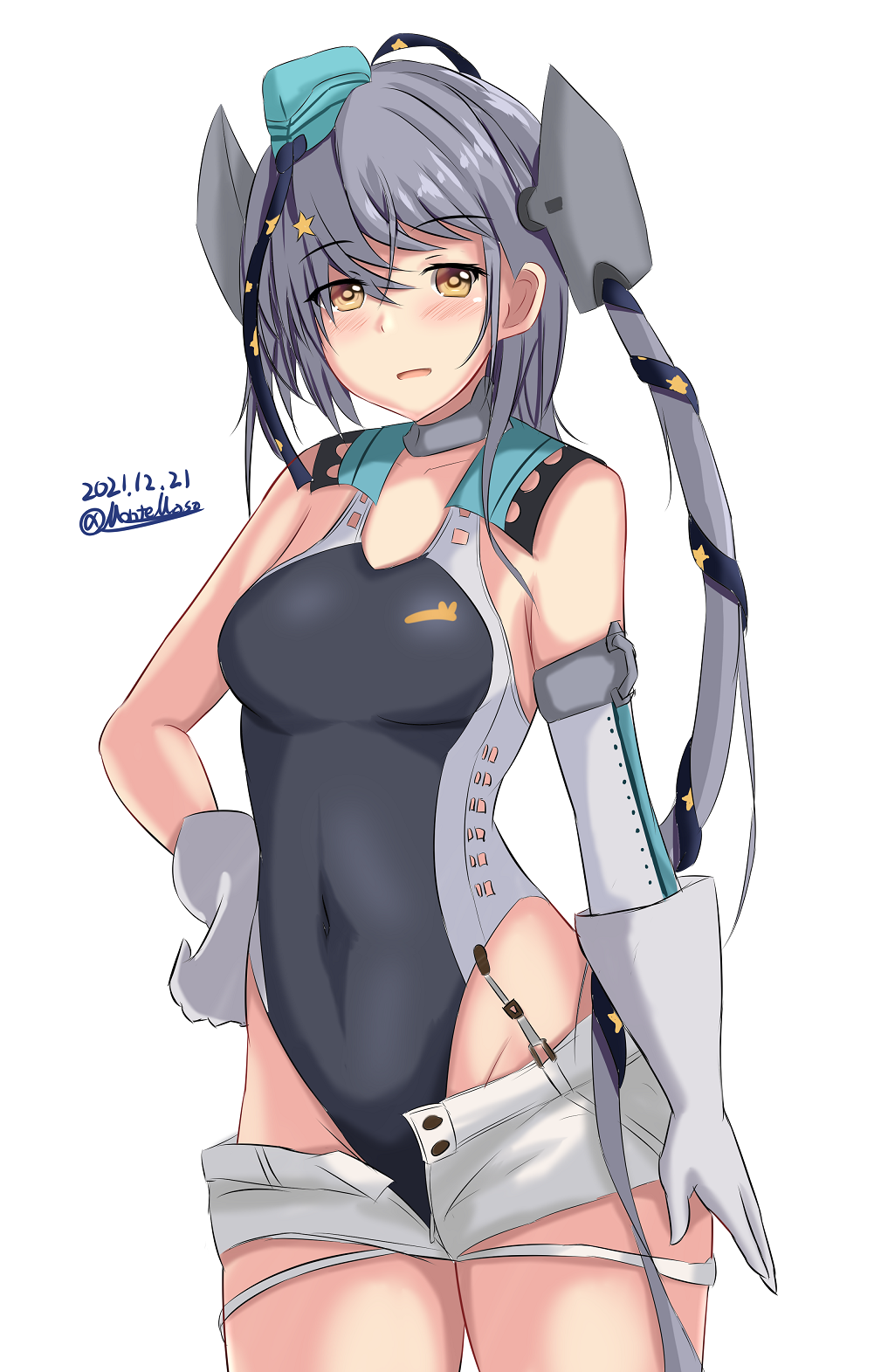 1girl aqua_headwear black_ribbon black_swimsuit competition_swimsuit dated garrison_cap garter_straps gloves grey_eyes grey_hair hair_ornament hair_ribbon hand_on_hip hat highleg highleg_swimsuit highres kantai_collection long_hair looking_at_viewer montemasa one-hour_drawing_challenge one-piece_swimsuit ribbon scamp_(kancolle) short_shorts shorts side_ponytail solo star_(symbol) star_hair_ornament swimsuit torn_clothes torn_shorts twitter_username white_background white_gloves white_shorts