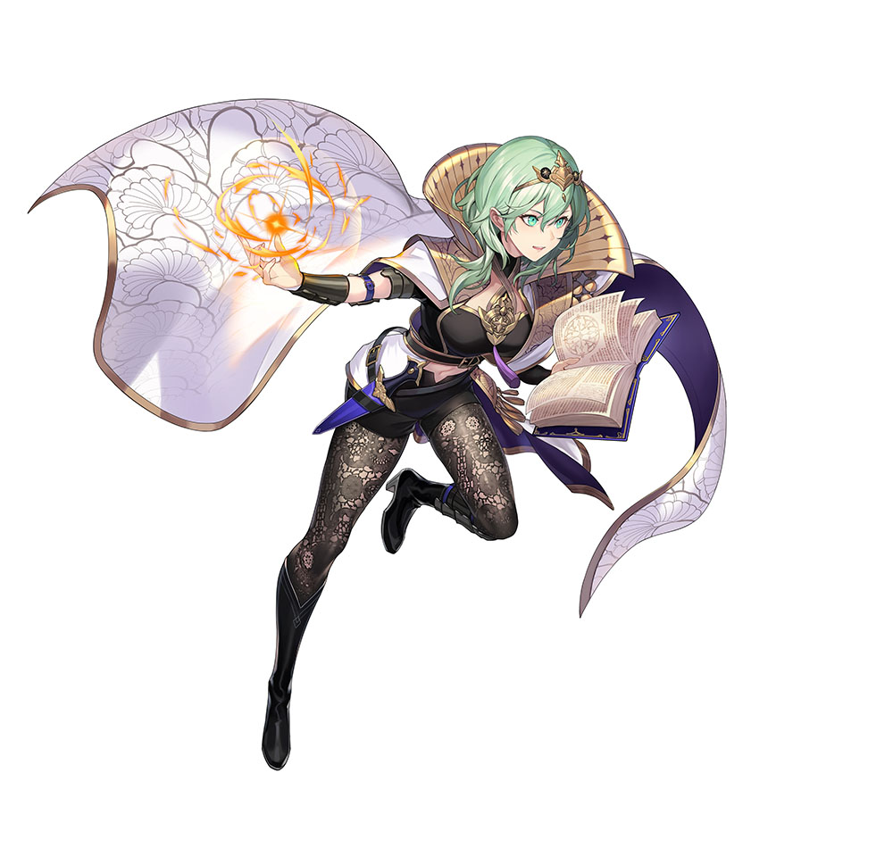 1girl alternate_costume alternate_hair_color bangs book breasts byleth_(fire_emblem) cape clothing_cutout collar collared_cape enlightened_byleth_(female) fire fire_emblem fire_emblem:_three_houses fire_emblem_heroes green_eyes green_hair kakage legwear_under_shorts magic medium_hair navel official_alternate_costume official_art open_mouth pantyhose shorts simple_background solo stomach_cutout tiara