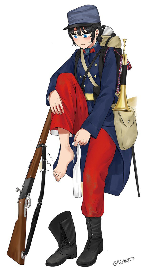 1girl :o artist_name backpack bag bangs barefoot black_footwear black_hair blue_eyes blue_headwear blue_jacket boots french_army full_body gun hat holding holding_clothes holding_legwear instrument jacket lebel_model_1886 long_sleeves military military_hat open_mouth original pants red_pants remora25 rifle simple_background standing standing_on_one_leg sweat toes trumpet twitter_username weapon white_background white_legwear world_war_i