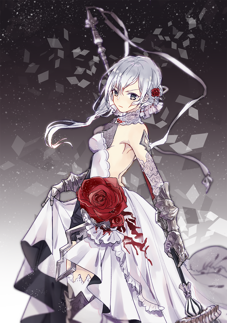 1girl armored_boots backless_dress backless_outfit bangs bare_shoulders boots breasts closed_mouth dress flower gauntlets hair_flower hair_ornament highres holding holding_polearm holding_weapon itsia knee_boots long_hair looking_at_viewer polearm red_flower red_rose rose sideboob sinoalice snow_white_(sinoalice) spear weapon white_dress white_eyes white_hair