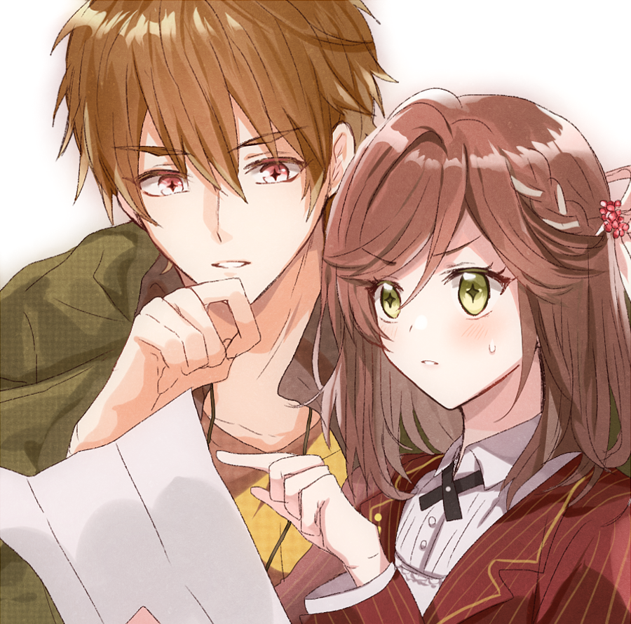 1boy 1girl bangs brown_eyes brown_hair green_eyes green_jacket h_haluhalu415 hair_between_eyes holding holding_paper jacket jewelry luke_pearce_(tears_of_themis) necklace open_clothes open_jacket open_mouth paper red_jacket rosa_(tears_of_themis) shirt simple_background tears_of_themis teeth v-shaped_eyebrows white_background yellow_shirt