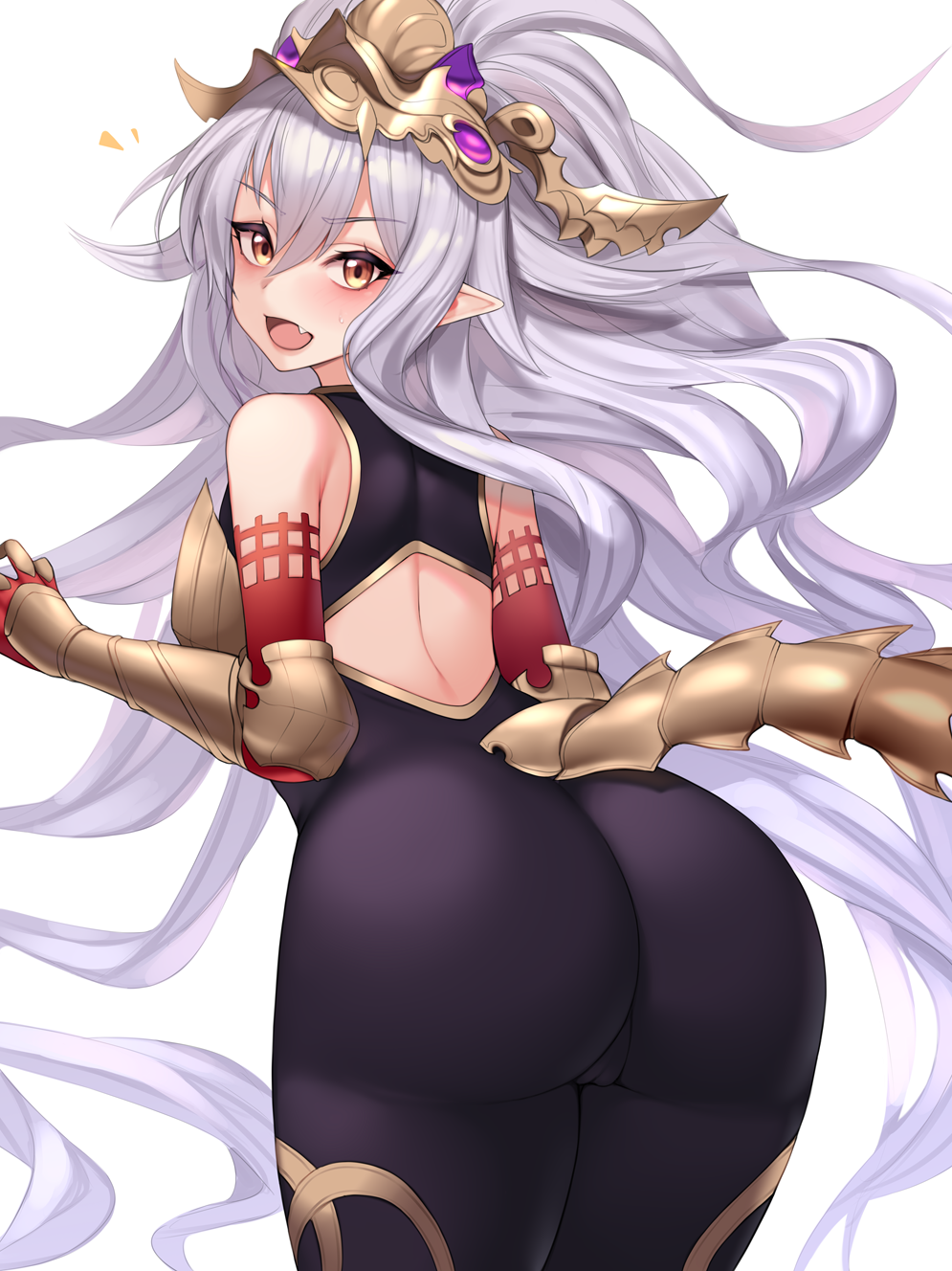 1girl armor ass backless_outfit bare_shoulders blush breasts from_behind gauntlets granblue_fantasy headpiece highres kuavera light_purple_hair long_hair looking_at_viewer looking_back medusa_(shingeki_no_bahamut) parted_lips raised_eyebrows red_eyes sidelocks signature simple_background solo sweatdrop tail thick_thighs thighs very_long_hair white_background