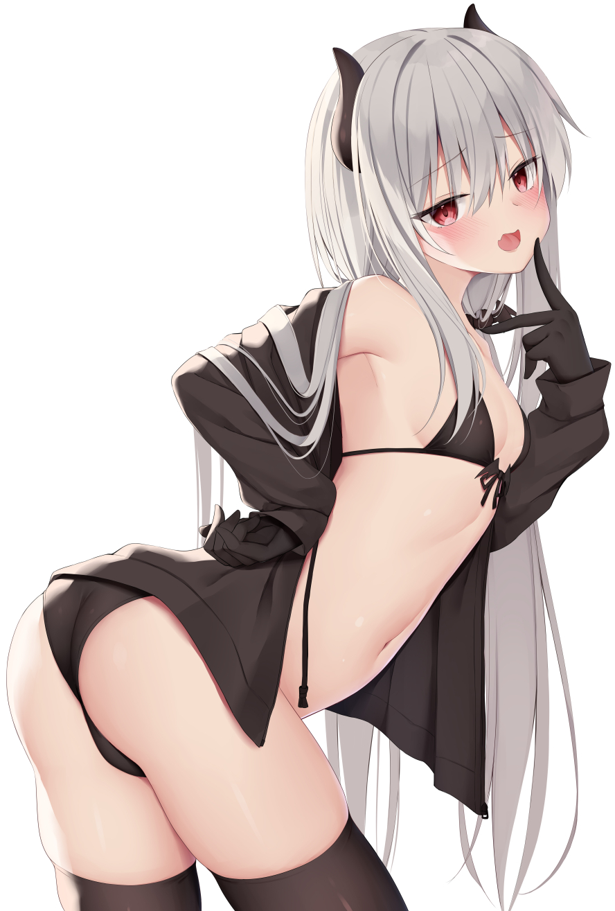 1girl ass bangs black_bra black_gloves black_jacket black_legwear black_panties blush bra breasts commentary_request demon_girl eyebrows_visible_through_hair from_side front-tie_bra gloves hand_to_own_mouth hand_up highres horns jacket kamu_(geeenius) leaning_forward long_hair looking_at_viewer looking_to_the_side navel off_shoulder open_clothes open_jacket open_mouth original panties red_eyes silver_hair simple_background skindentation small_breasts solo standing stomach thigh-highs underwear very_long_hair white_background