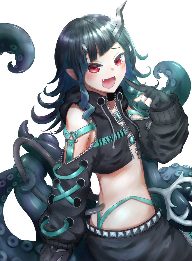 1girl akagane_mic asymmetrical_gloves bangs belt beltbra black_gloves black_hair black_jacket black_skirt blue_belt blue_hair blue_panties blush chest_belt clothing_cutout commentary_request cowboy_shot cropped_jacket cross-laced_sleeves demon_girl demon_horns demon_tail flat_chest gloves grey_skirt highleg highleg_panties horns jacket layered_skirt long_hair long_sleeves looking_at_viewer multicolored_hair open_clothes open_jacket open_mouth panties partially_fingerless_gloves pointy_ears red_eyes shishio_chris shoulder_cutout skirt smile solo sugar_lyric tail tentacles transparent_background twisted_torso two-tone_hair underwear virtual_youtuber zipper zipper_skirt