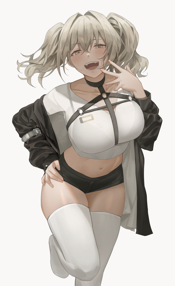 1girl :d banned_artist black_jacket black_shorts breasts chest_harness collarbone crop_top fangs grey_eyes grey_hair hair_intakes hand_on_hip hand_up harness hinaki_(hinaki_0102) jacket large_breasts leaning_forward leg_up long_hair long_sleeves looking_at_viewer micro_shorts midriff navel no_shoes off_shoulder open_clothes open_jacket original revealing_clothes shirt shorts simple_background skindentation smile solo standing standing_on_one_leg stomach thigh-highs thighs twintails white_background white_legwear white_shirt