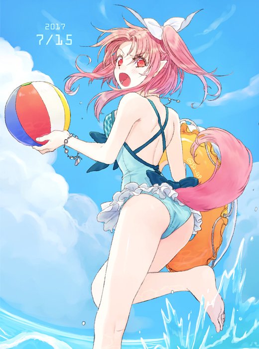 1girl ass ball barefoot beachball breasts clouds feet hair_ribbon innertube itsuki_(s2_129) long_hair looking_at_viewer millie_chliette open_mouth pink_eyes pink_hair pointy_ears ponytail ribbon solo star_ocean star_ocean_anamnesis star_ocean_first_departure swimsuit water