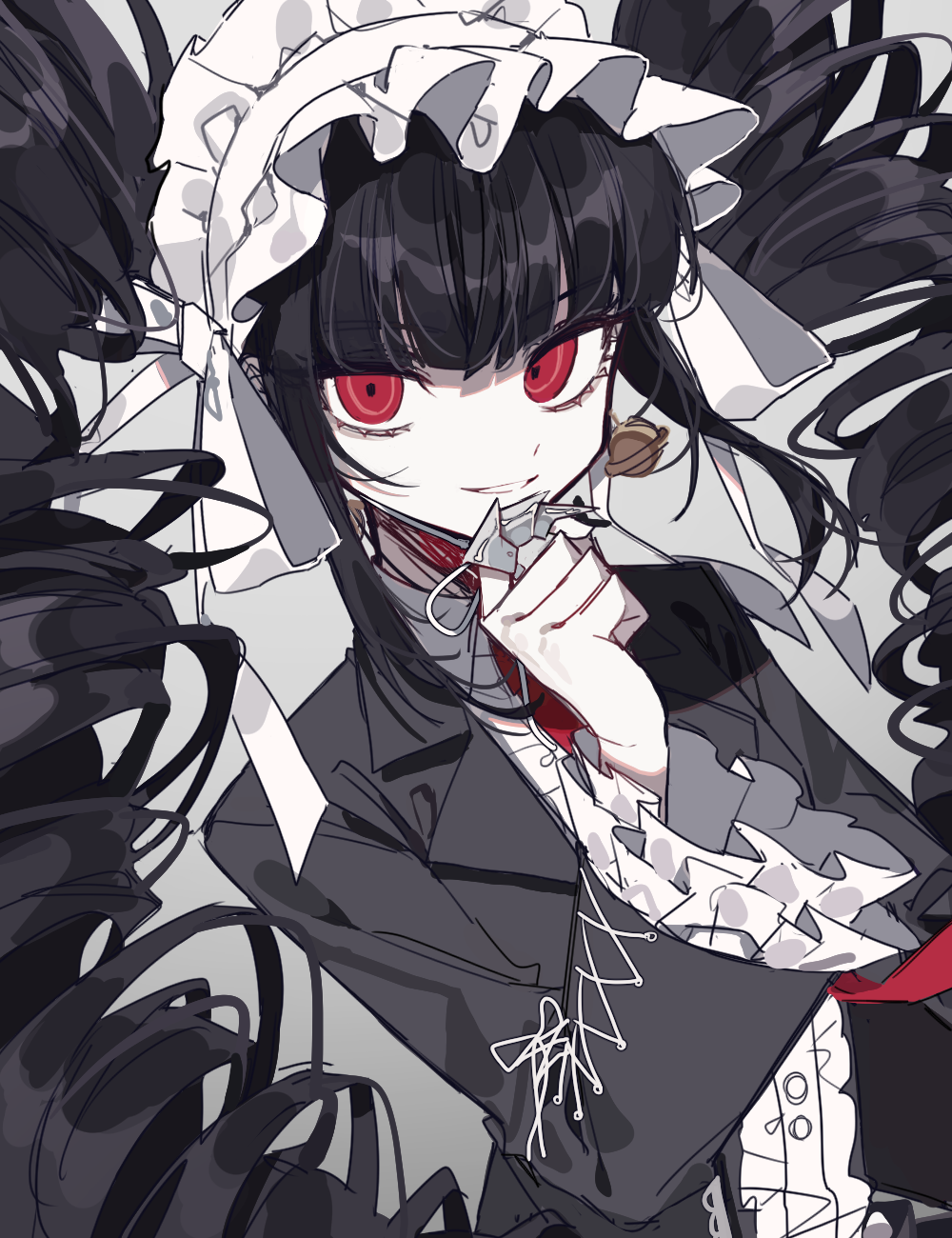 1girl bangs black_hair blunt_bangs bonnet celestia_ludenberg center_frills claw_ring commentary_request danganronpa:_trigger_happy_havoc danganronpa_(series) dress_shirt drill_hair earrings eyebrows_visible_through_hair finger_to_own_chin frills gothic_lolita hand_up highres jewelry lolita_fashion long_hair long_sleeves looking_at_viewer necktie pale_skin parted_lips patzzi red_eyes red_necktie shirt smile solo teeth twin_drills twintails