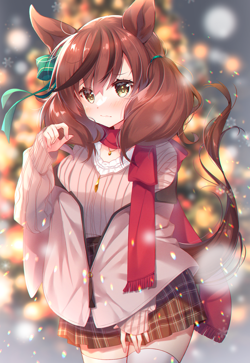 1girl animal_ears blurry blurry_background blush brown_eyes brown_hair brown_skirt brown_sweater christmas christmas_ornaments christmas_tree closed_mouth commentary_request depth_of_field hand_up highres horse_ears horse_girl horse_tail ko_yu long_sleeves looking_at_viewer nice_nature_(umamusume) plaid plaid_skirt ribbed_sweater shirt skirt sleeves_past_wrists solo sweater tail thigh-highs twintails umamusume wavy_mouth white_legwear white_shirt