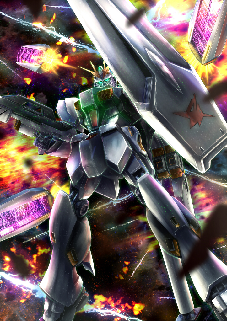 absurdres char's_counterattack fin_funnels from_above green_eyes gundam highres i820 looking_ahead mecha mobile_suit no_humans nu_gundam portrait science_fiction shield solo v-fin
