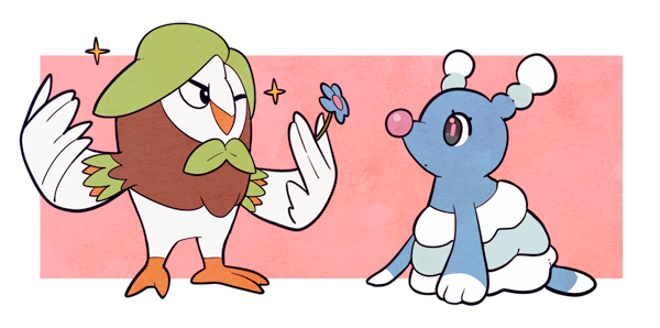 beak black_eyes blue_flower bright_pupils brionne closed_mouth commentary_request dartrix flower holding holding_flower jaho no_humans one_eye_closed pokemon pokemon_(creature) sparkle standing white_pupils