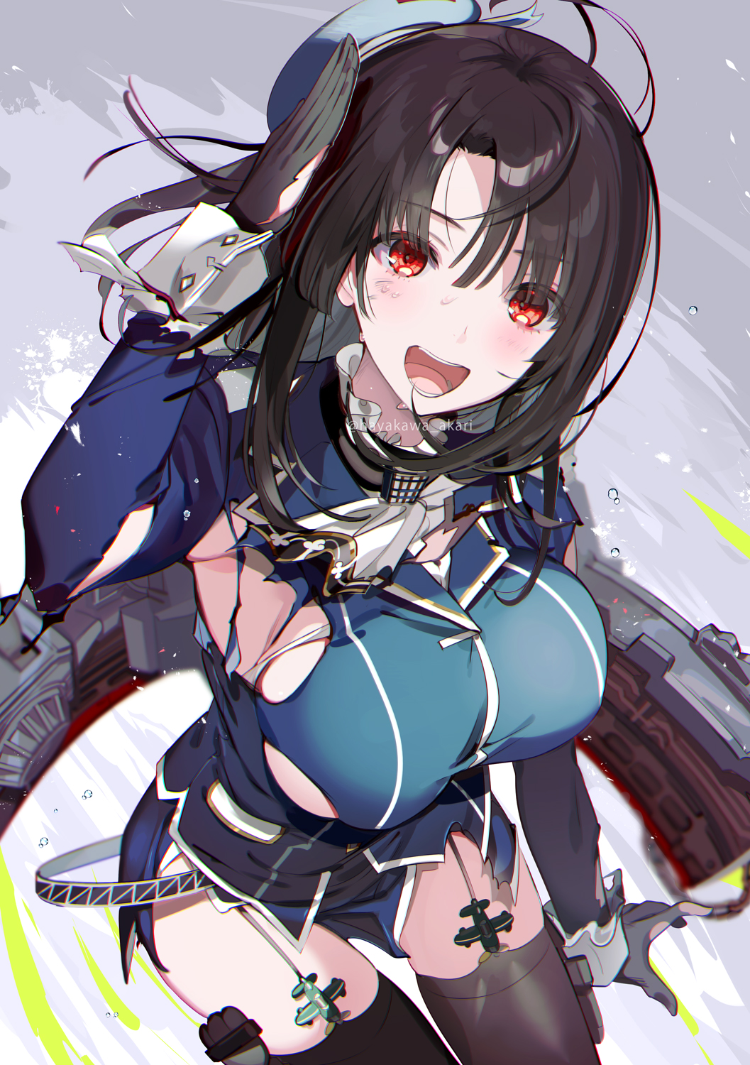 1girl bangs beret black_gloves black_hair black_legwear blue_headwear blush breasts commentary_request dirty dirty_face garter_straps gloves hair_between_eyes hat hayakawa_akari highres kantai_collection large_breasts long_sleeves military military_uniform open_mouth red_eyes rigging salute solo takao_(kancolle) thigh-highs torn_clothes torn_gloves twitter_username uniform water