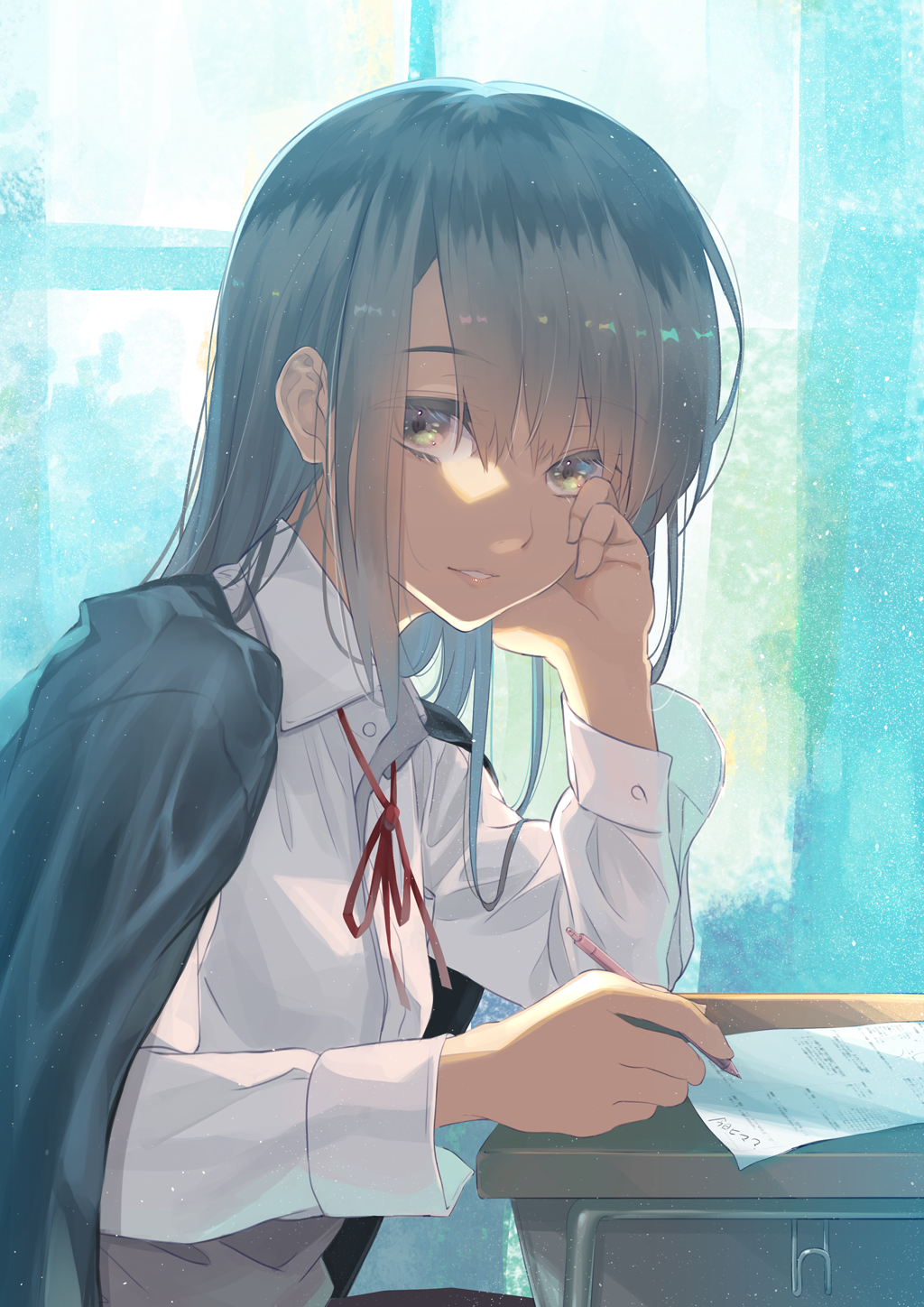 1girl brown_eyes brown_hair classroom desk eyebrows_visible_through_hair eyes_visible_through_hair furai hair_between_eyes head_rest highres holding holding_pencil indoors light_particles long_hair neck_ribbon original paper pencil red_ribbon ribbon sitting solo window writing