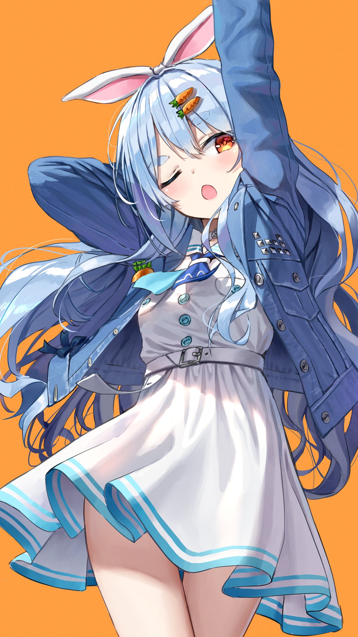 1girl ;o arms_up bangs belt blue_hair blue_jacket blue_neckerchief blush carrot_hair_ornament commentary_request cowboy_shot dress eyebrows_visible_through_hair food-themed_hair_ornament hair_ornament highres hololive jacket long_hair long_sleeves neckerchief official_alternate_costume one_eye_closed open_clothes open_jacket open_mouth orange_background red_eyes short_eyebrows simple_background solo standing superpig thick_eyebrows usada_pekora very_long_hair virtual_youtuber white_belt white_dress