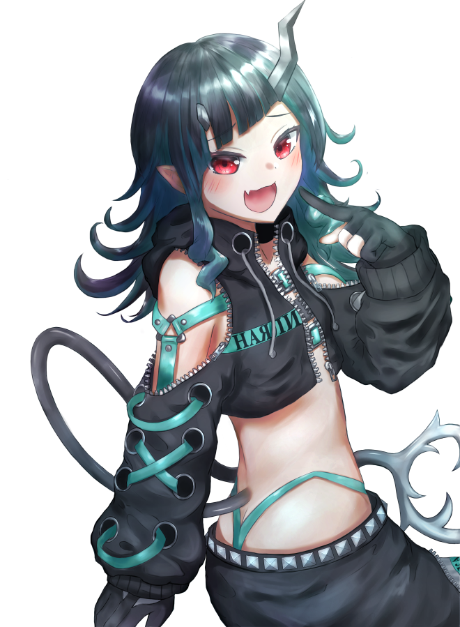 1girl akagane_mic asymmetrical_gloves bangs belt beltbra black_gloves black_hair black_jacket black_skirt blue_belt blue_hair blue_panties blush chest_belt clothing_cutout commentary_request cowboy_shot cropped_jacket cross-laced_sleeves demon_girl demon_horns demon_tail flat_chest gloves grey_skirt highleg highleg_panties horns jacket layered_skirt long_hair long_sleeves looking_at_viewer multicolored_hair open_clothes open_jacket open_mouth panties partially_fingerless_gloves pointy_ears red_eyes shishio_chris shoulder_cutout simple_background skirt smile solo sugar_lyric tail transparent_background twisted_torso two-tone_hair underwear virtual_youtuber zipper zipper_skirt