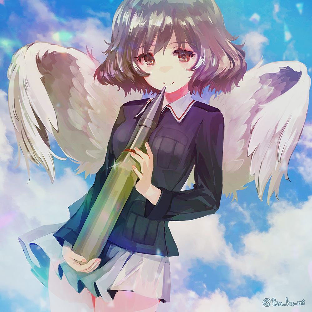 1girl akiyama_yukari angel_wings bangs blue_sky breast_pocket breasts brown_eyes brown_hair closed_mouth clouds cloudy_sky cowboy_shot day dutch_angle eyebrows_visible_through_hair feathered_wings girls_und_panzer holding light_particles looking_at_viewer messy_hair military military_uniform miniskirt ooarai_school_uniform outdoors pleated_skirt pocket school_uniform shiny shiny_hair shiny_skin short_hair skirt sky small_breasts smile solo standing sunlight tank_shell twitter_username uniform white_skirt white_wings wind wind_lift wings yurikuta_tsukumi