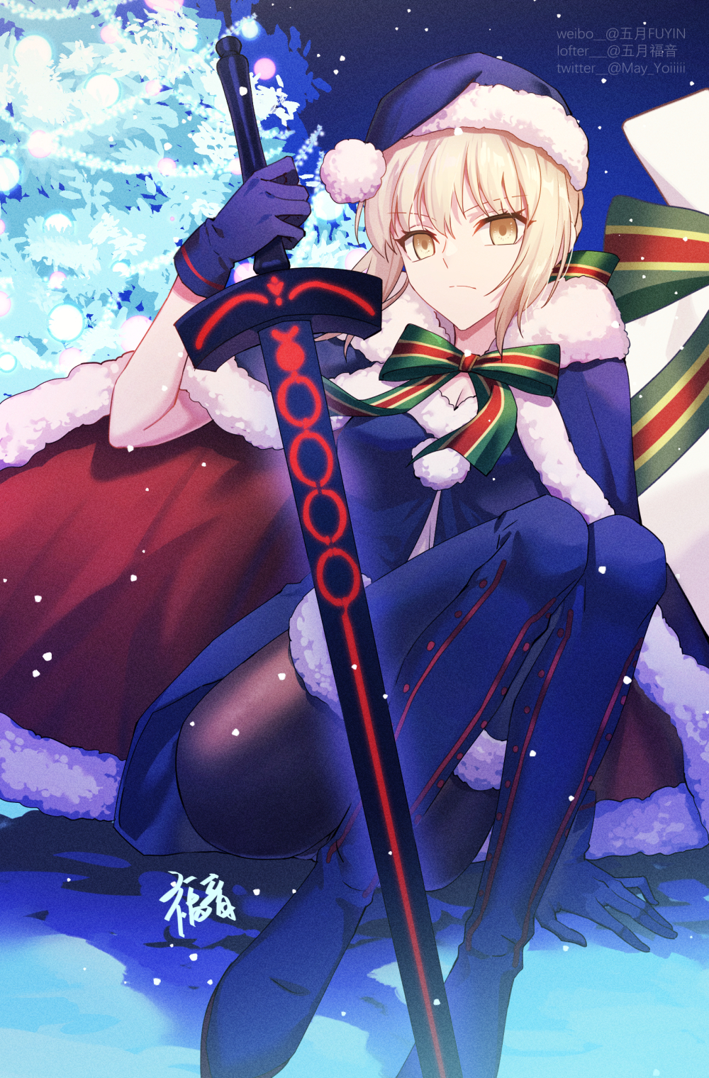 1girl artoria_pendragon_(fate) bangs black_legwear blonde_hair blue_cloak blue_dress blue_footwear blue_gloves blue_headwear blue_legwear boots brown_eyes cloak closed_mouth commentary dress english_commentary excalibur_morgan_(fate) eyebrows_visible_through_hair fate/grand_order fate_(series) fur-trimmed_boots fur-trimmed_cloak fur-trimmed_headwear fur-trimmed_legwear fur_trim gloves gogatsu_fukuin hat highres holding holding_sword holding_weapon lofter_username pantyhose sack santa_alter santa_hat solo sword thigh-highs thigh_boots twitter_username weapon weibo_username