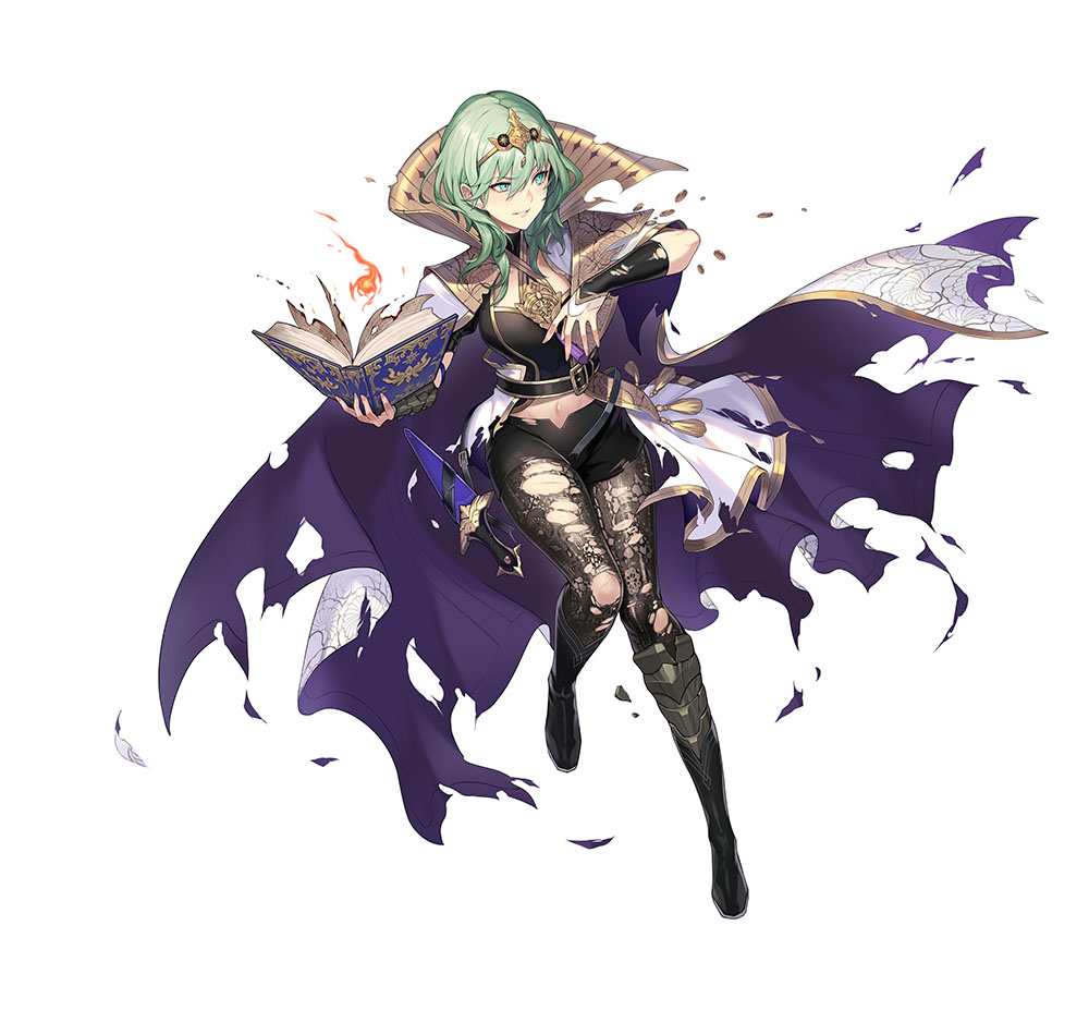 1girl alternate_costume alternate_hair_color bangs breasts byleth_(fire_emblem) byleth_eisner_(female) cape clothing_cutout collar collared_cape enlightened_byleth_(female) fire_emblem fire_emblem:_three_houses fire_emblem_heroes green_eyes green_hair kakage legwear_under_shorts medium_hair navel official_alternate_costume official_art pantyhose shorts simple_background solo stomach_cutout tiara torn_clothes